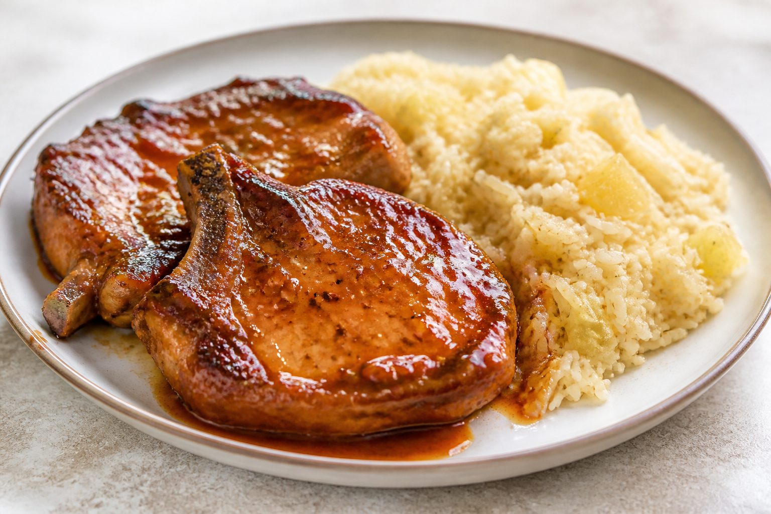 Chuletas Ahumadas Cubanas en Salsa de Tamarindo y Ají Dulce con Arroz Pilaf de Yuca