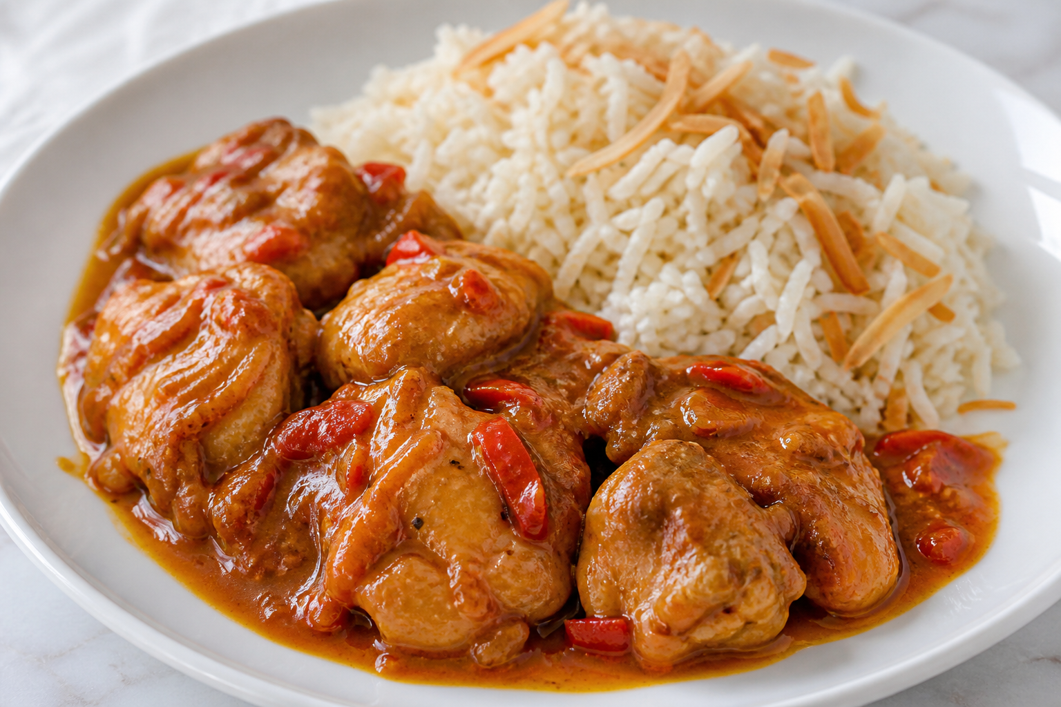 Pollo Cubano en Salsa Suave de Tamarindo y Ají Dulce con Arroz de Coco Tostado