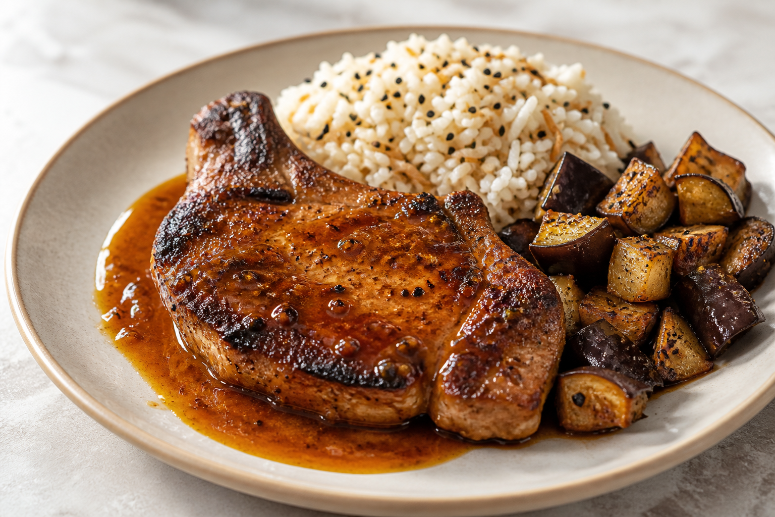 Cuban Smoked Pork Chops with Tamarind Mojo, Toasted Sesame Rice, and Cumin Eggplant