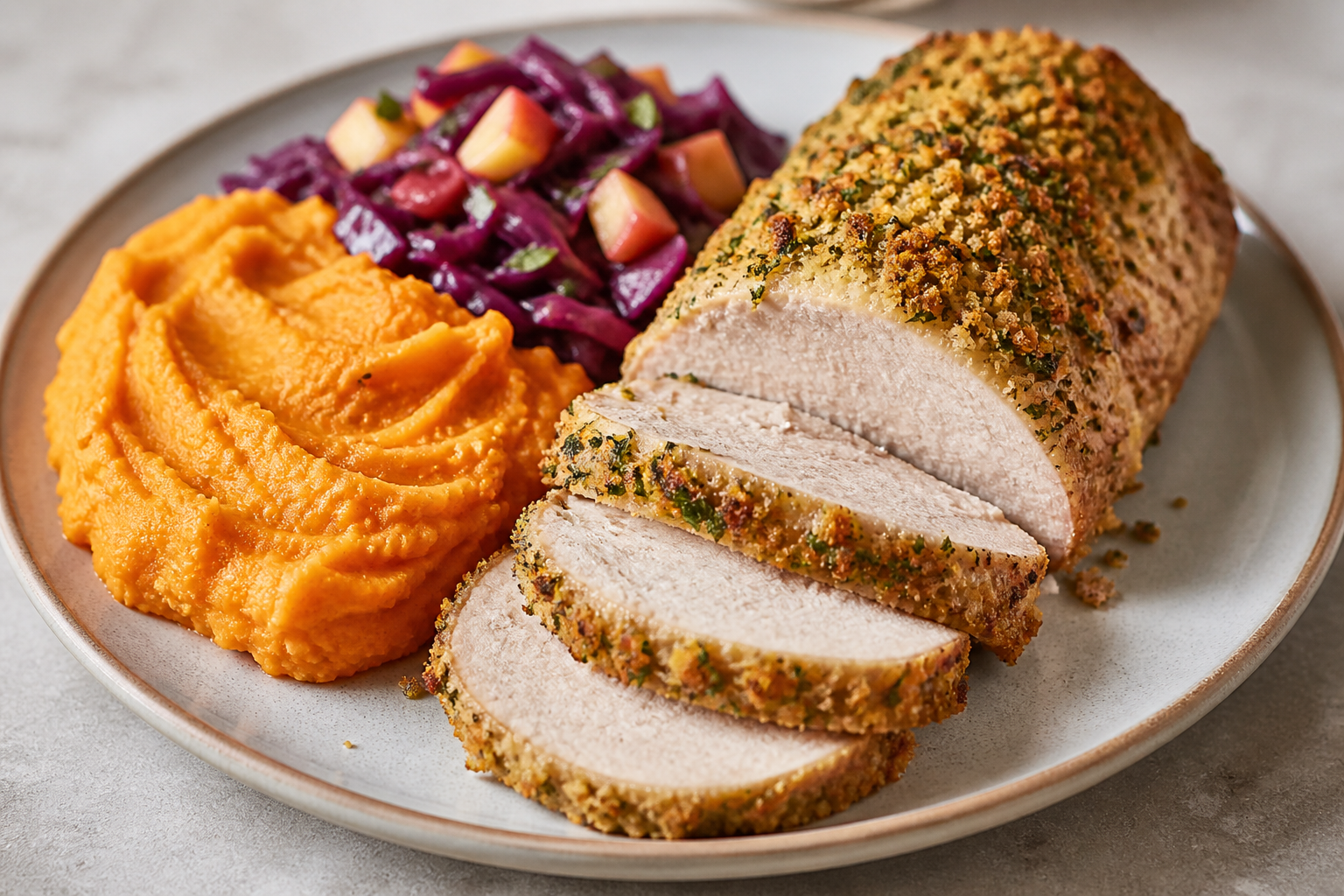 Argentine-style pork loin with mustard herb crust, creamy sweet potato mash, and warm red cabbage apple salad