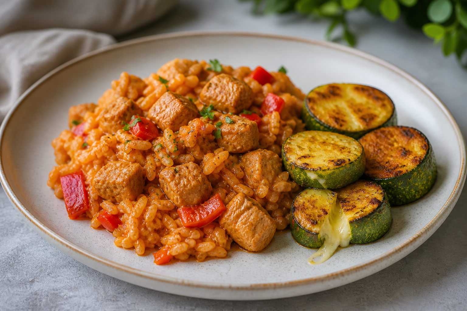 Creamy Sweet Pepper Pork Rice with Fried Cheese-Stuffed Zucchini
