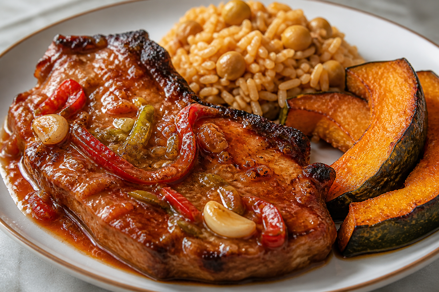 Pork Chops in Tamarind and Sweet Pepper Adobo with Quenepa Rice and Roasted Pumpkin