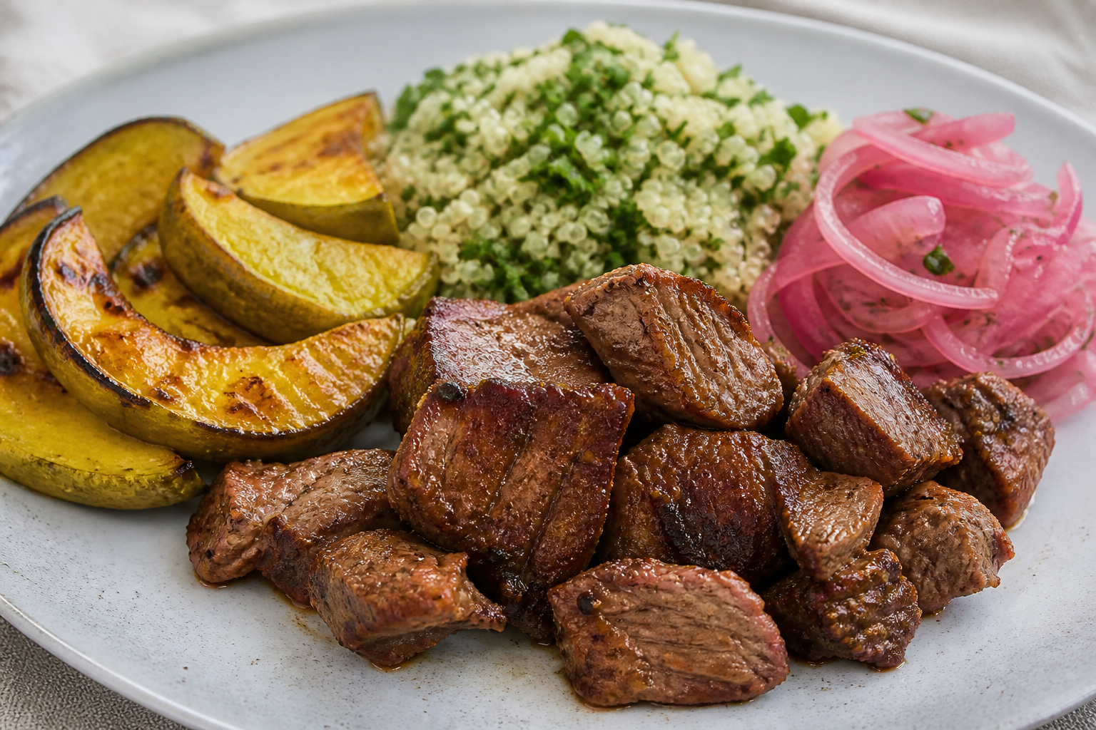 Andean Lamb Seco with Roasted Figleaf Gourd, Cilantro Quinoa, and Lime-Pickled Red Onion