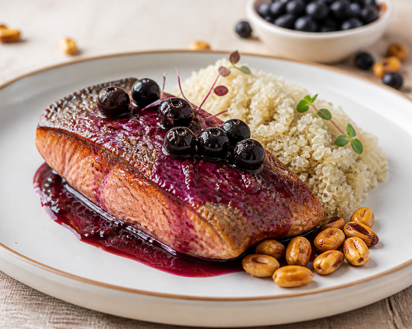 Andean Trout with Mortiño and Annatto Sauce, Coconut Quinoa, and Toasted Corn
