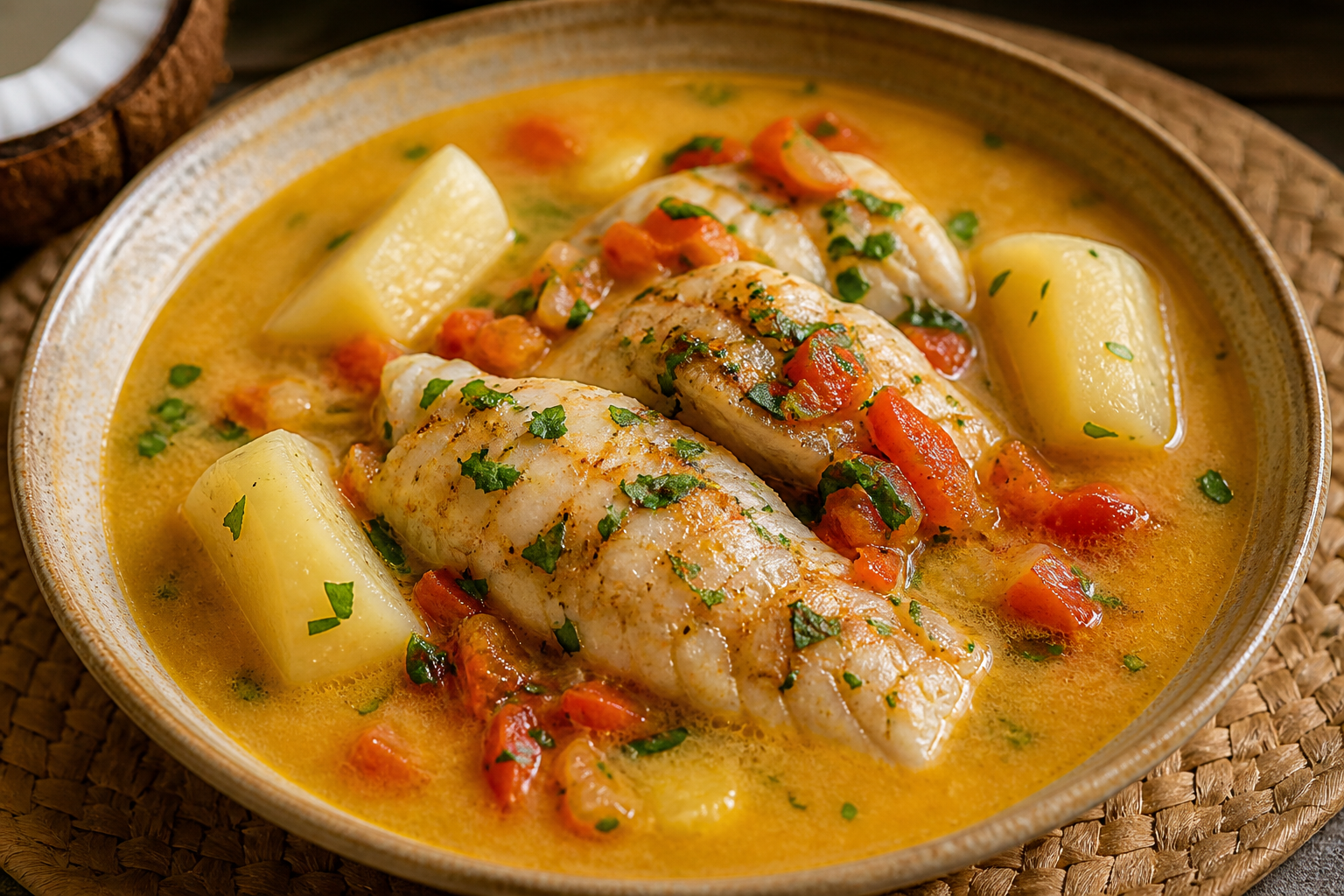 Colombian Fish Stew with Coconut, Yuca, and Sweet Pepper Hogao