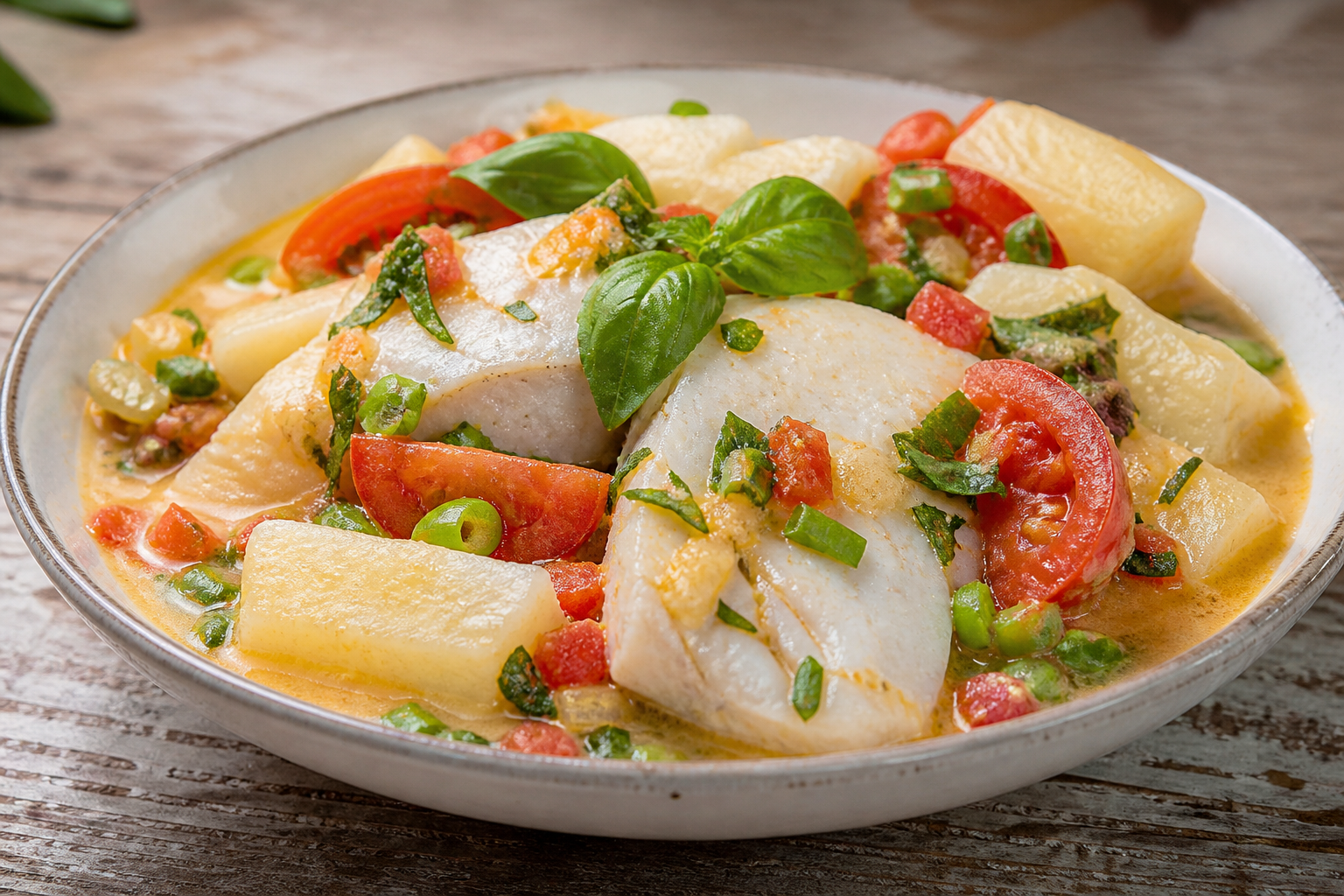 Colombian Fish and Yuca Stew with Coconut Hogao and Basil