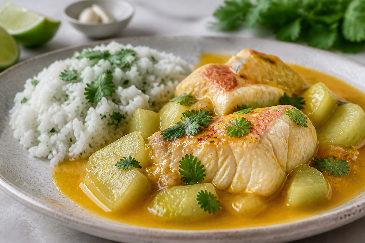 Sudado Colombiano de Pescado con Guatila, Coco y Arroz de Cilantro