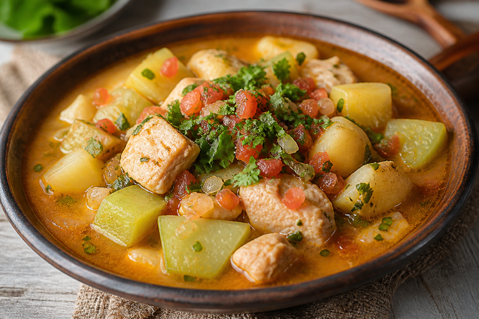 Sudado Colombiano de Pavo con Guatila, Papa Criolla y Hogao de Cilantro
