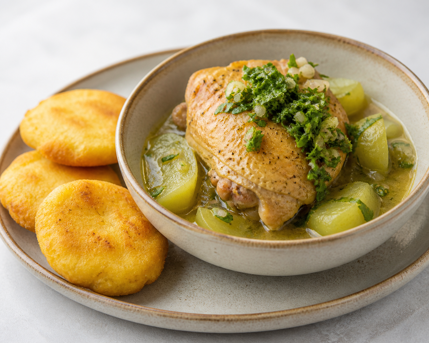 Colombian Chicken Stew with Chayote, Cilantro Hogao, and Golden Yuca Arepitas