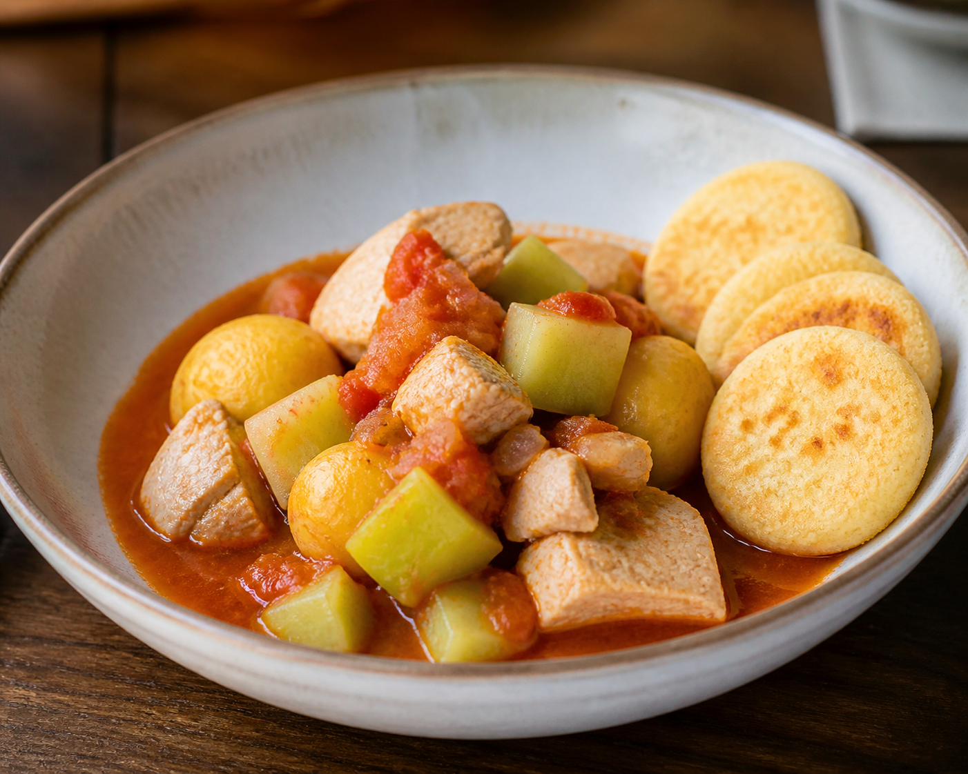 Turkey Stew with Chayote, Smoky Hogao and Yuca Mini Arepas