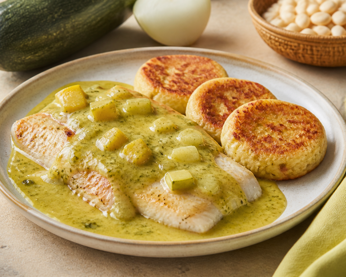 Honduran Tilapia in Silky Squash-Cilantro Sauce with White Bean Cakes