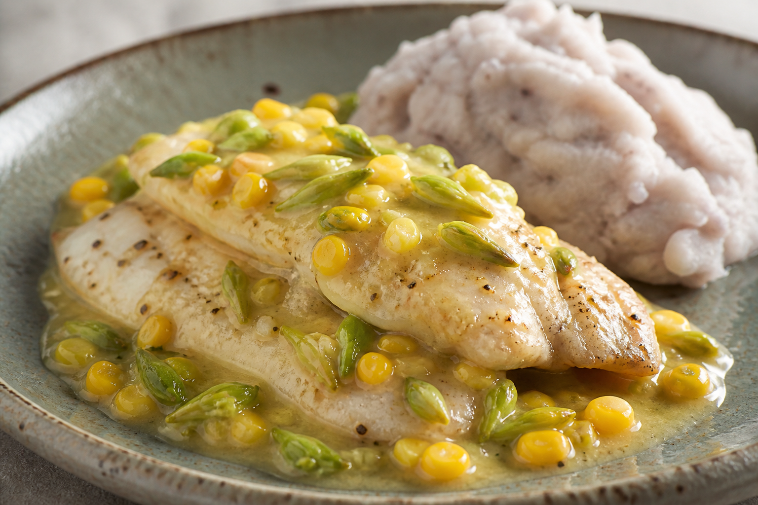 Filete de Pescado Hondureño en Salsa de Loroco, Maíz Tierno y Limón con Puré Rústico de Malanga