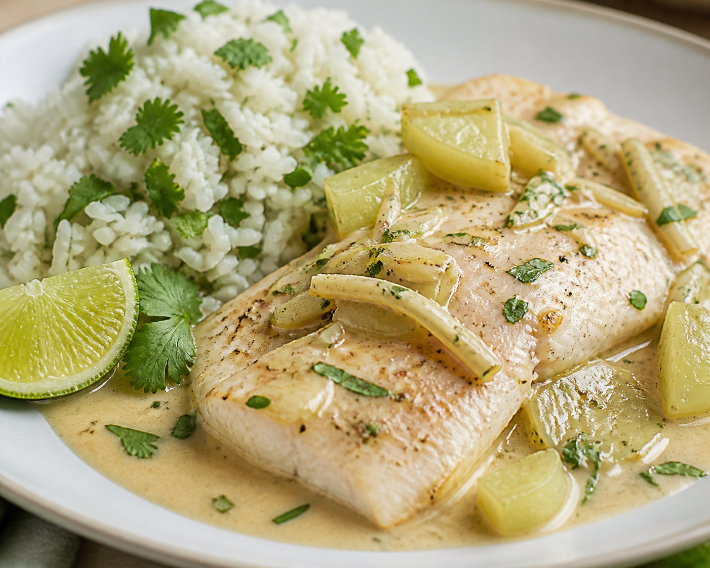 Honduran Tilapia in Ginger, Coconut and Chayote Sauce with Cilantro Rice