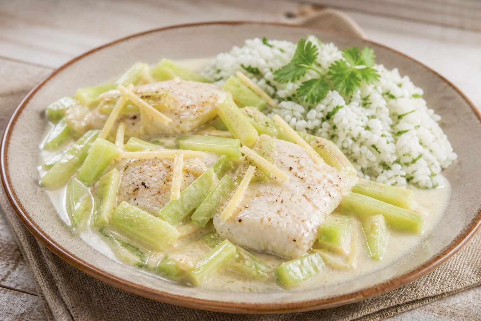 Pescado Hondureño en Escabeche de Coco, Jengibre y Chayote con Arroz de Culantro