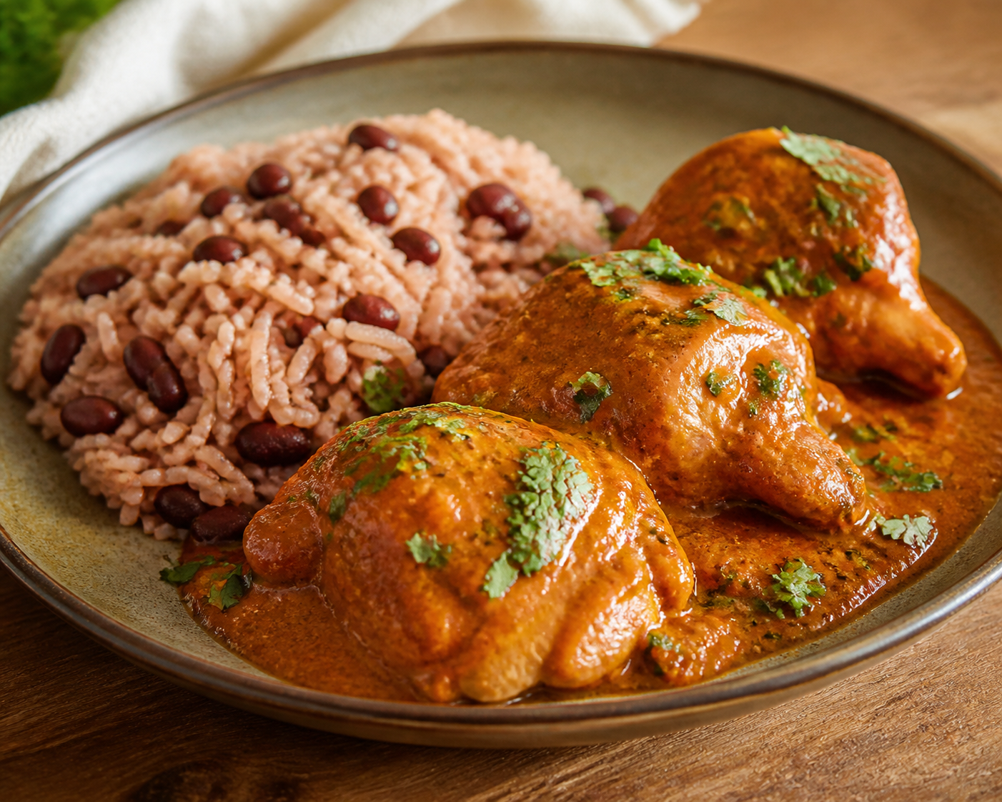 Honduran Chicken in Smoked Sweet Potato and Cilantro Sauce with Red Bean Rice