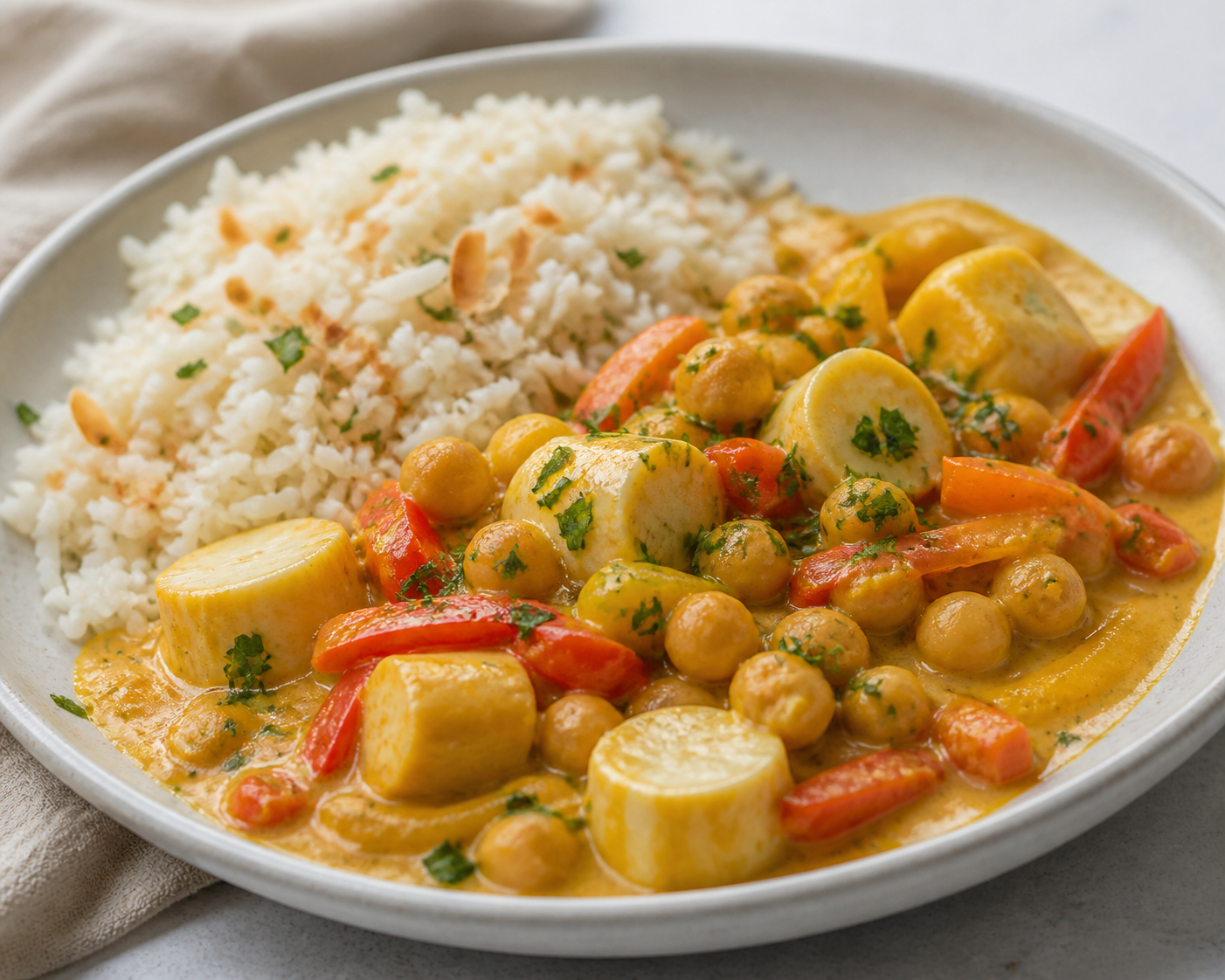 Creamy Chickpea and Hearts of Palm Moqueca with Toasted Coconut Rice