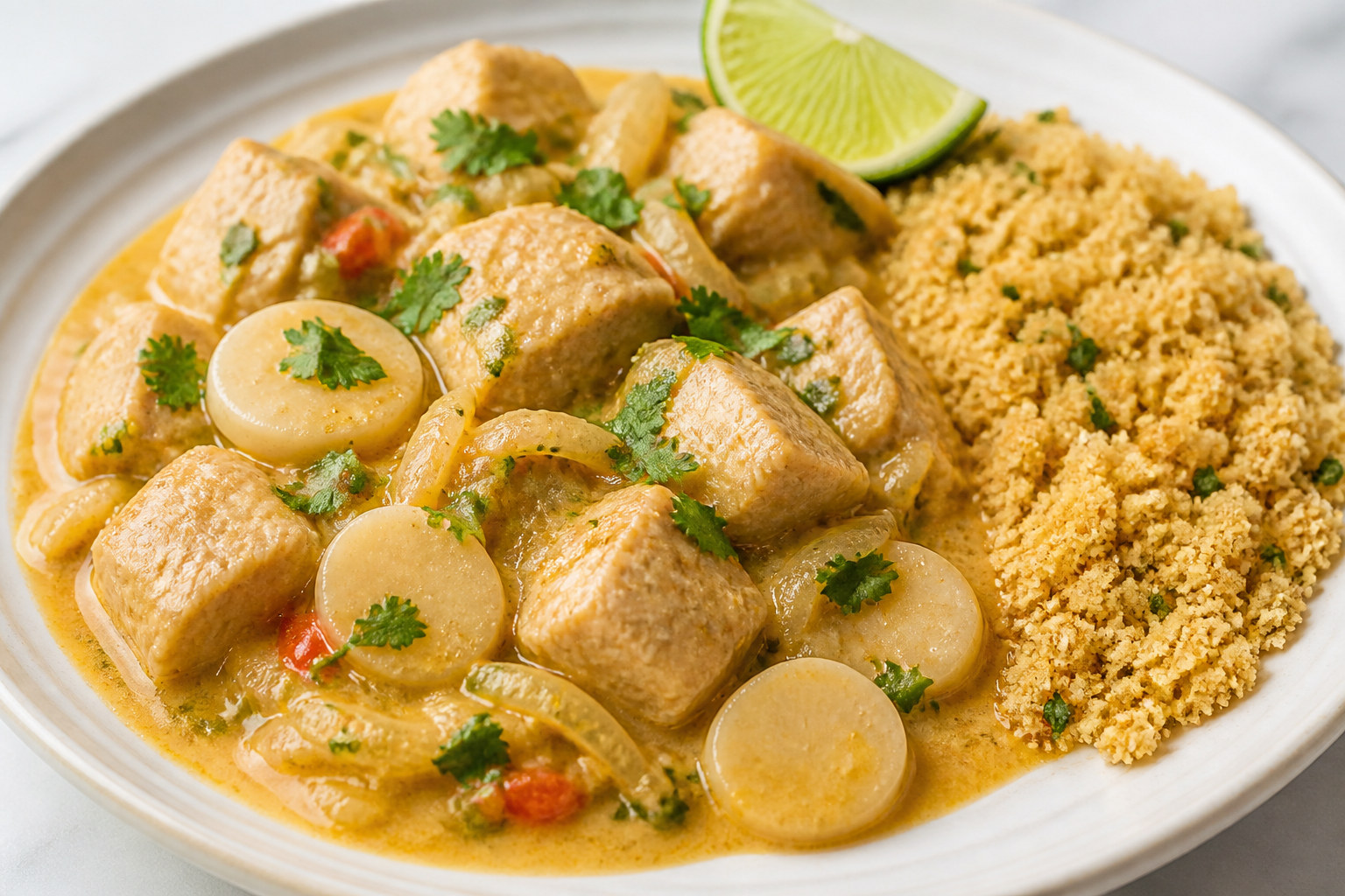 Moqueca ligera de pavo con palmitos, lima y farofa crujiente de mandioca