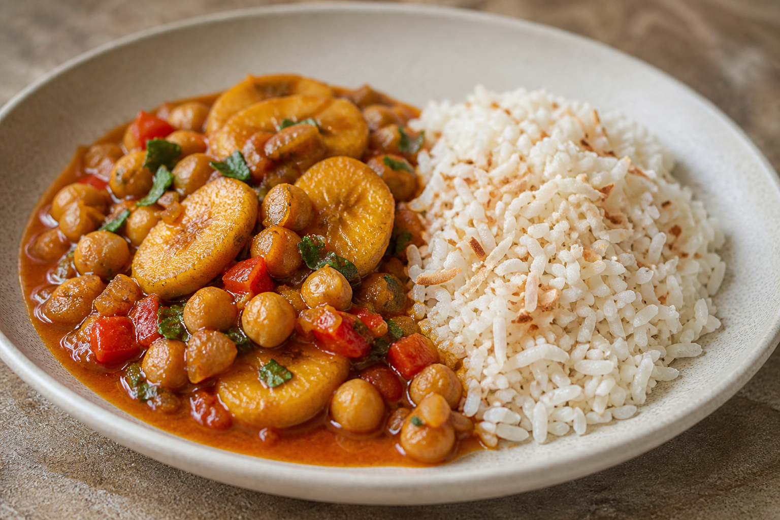 Brown Moqueca of Chickpeas and Plantain with Toasted Coconut Rice