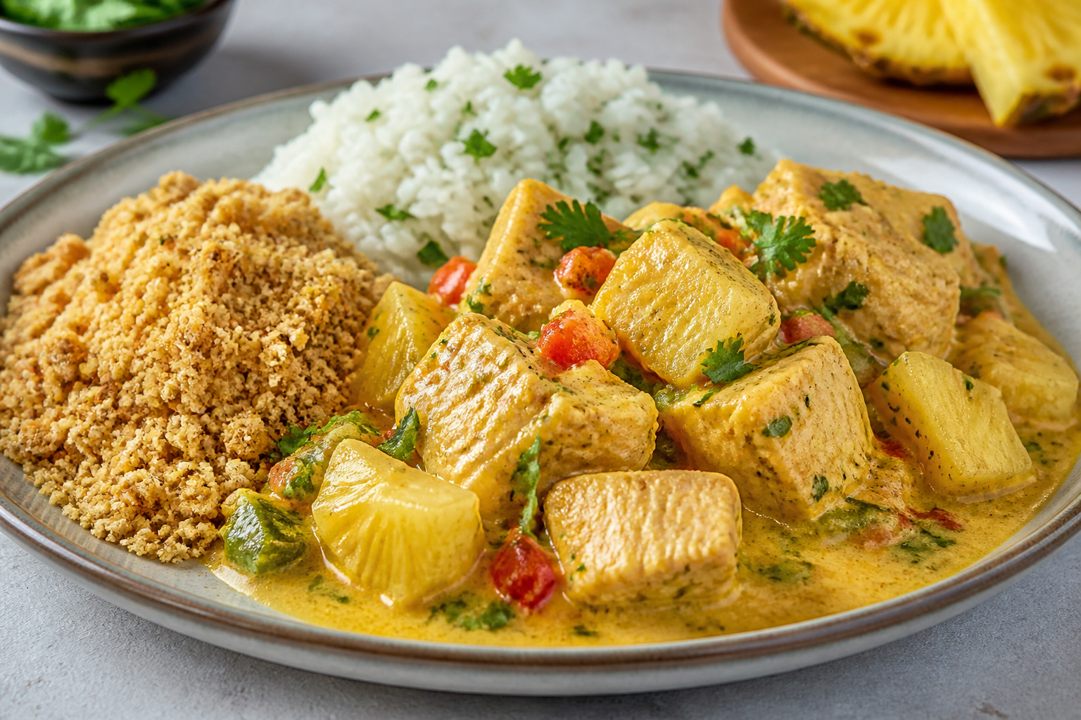 Light Turkey Moqueca with Roasted Pineapple, Cilantro Rice, and Crispy Cassava Farofa
