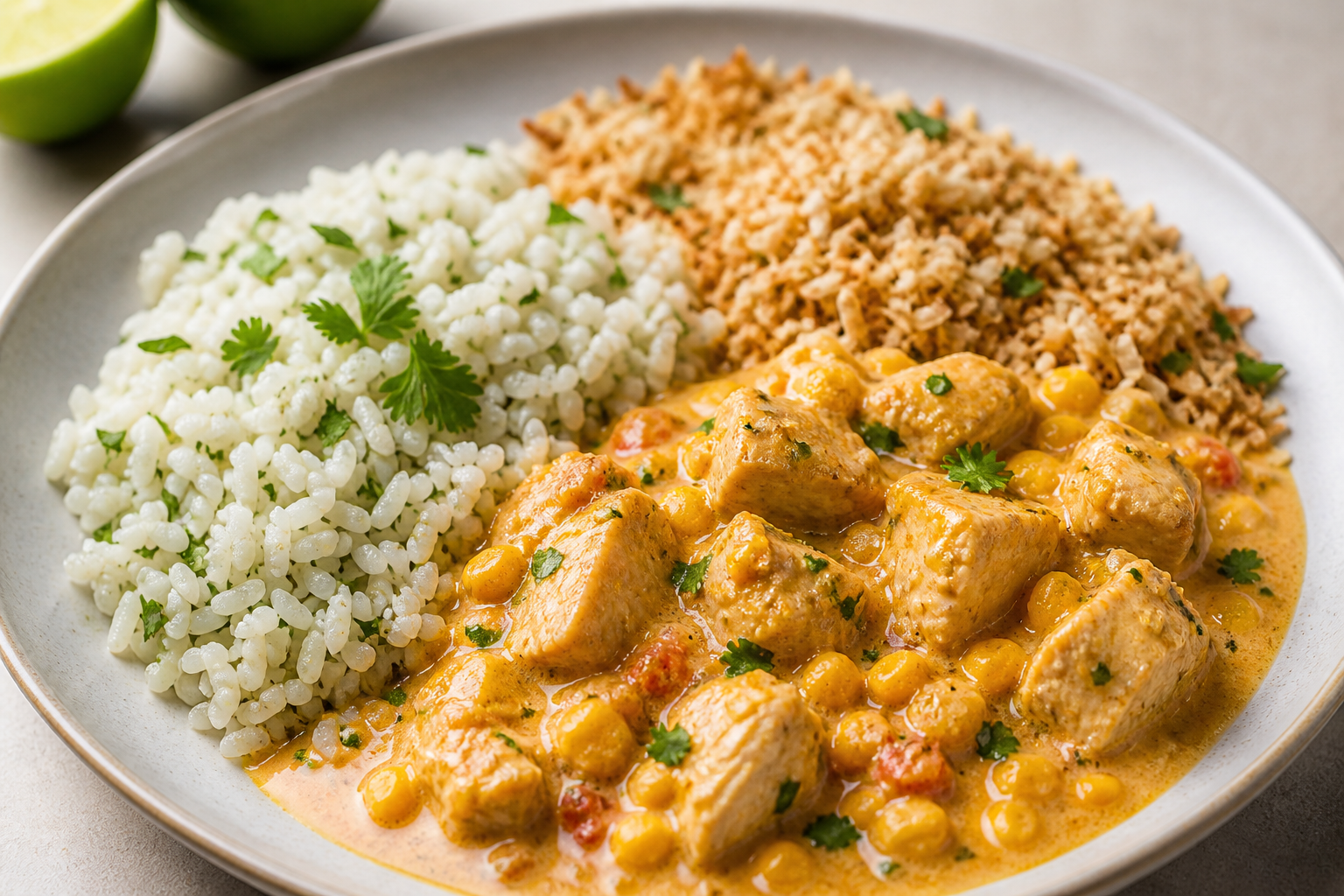 Creamy Turkey and Corn Moqueca with Cilantro Rice and Toasted Coconut Farofa