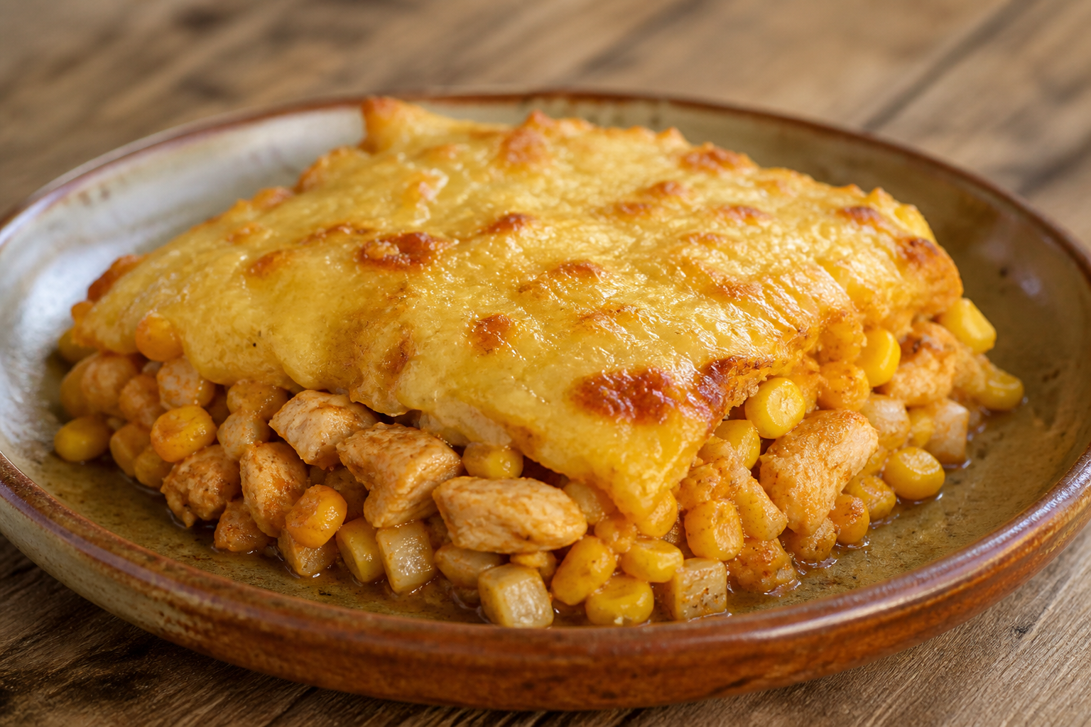 Corn and Mote Bake with Merkén Chicken Filling and Chanco Cheese Crust