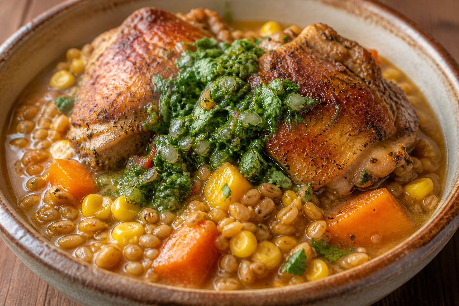 Guiso Chileno de Mote Cremoso con Pollo Asado, Choclo Tostado y Pebre de Cilantro