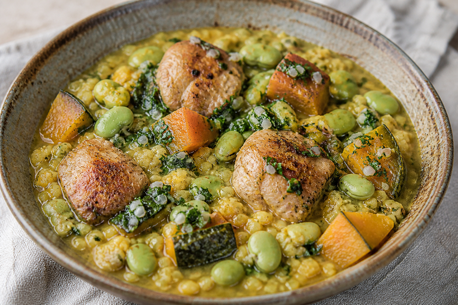 Chilean Chuchoca Stew with Seared Chicken, Fava Beans, and Warm Cilantro Pebre