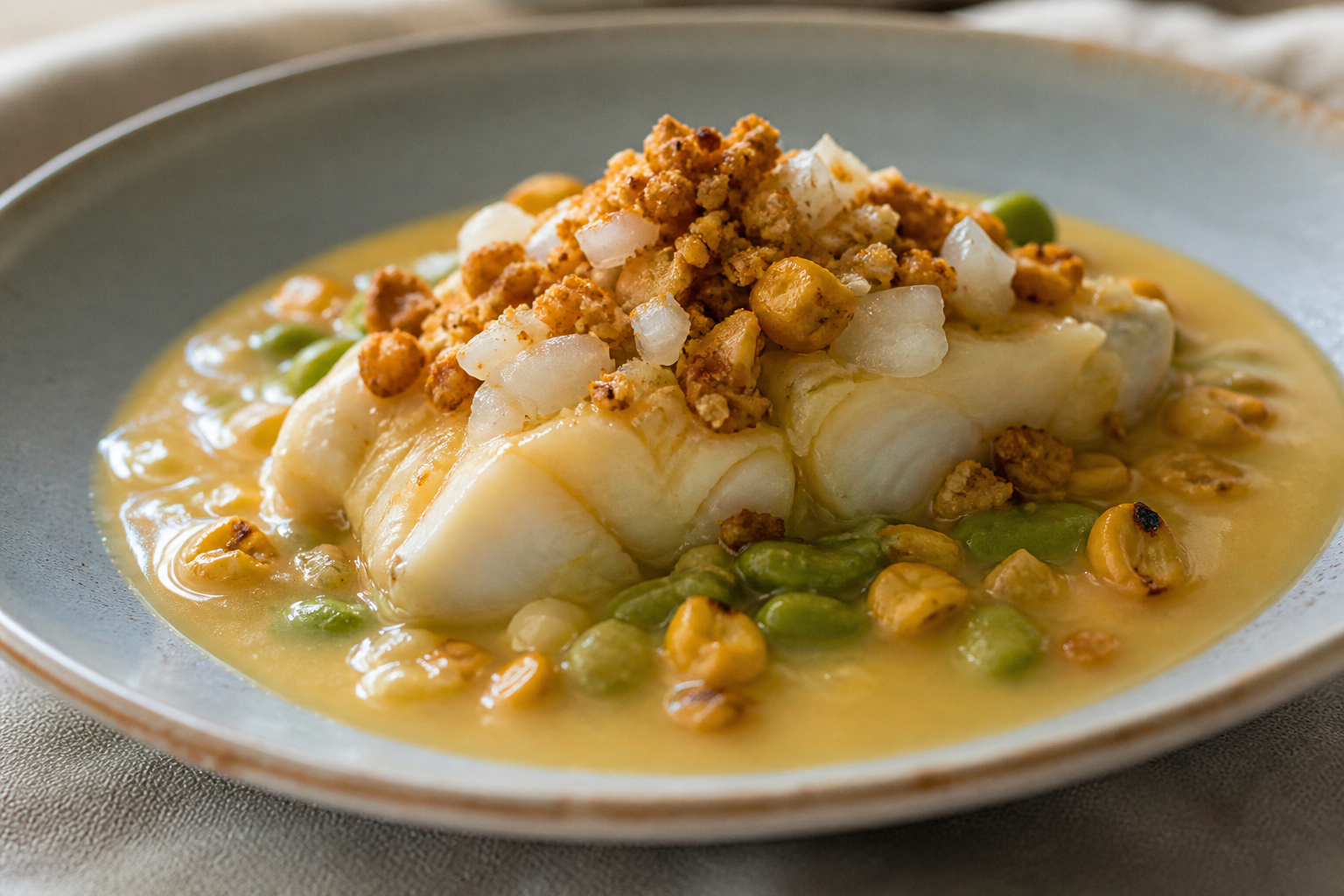 Chilean Fava Bean, Hake and Toasted Corn Chupe with Merkén Marraqueta Crust