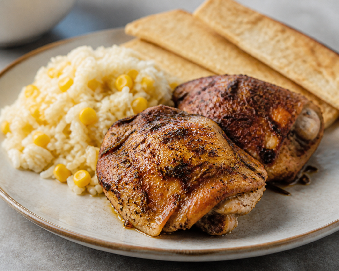 Dominican Creole Rosemary Chicken with Corn Rice and Toasted Casabe
