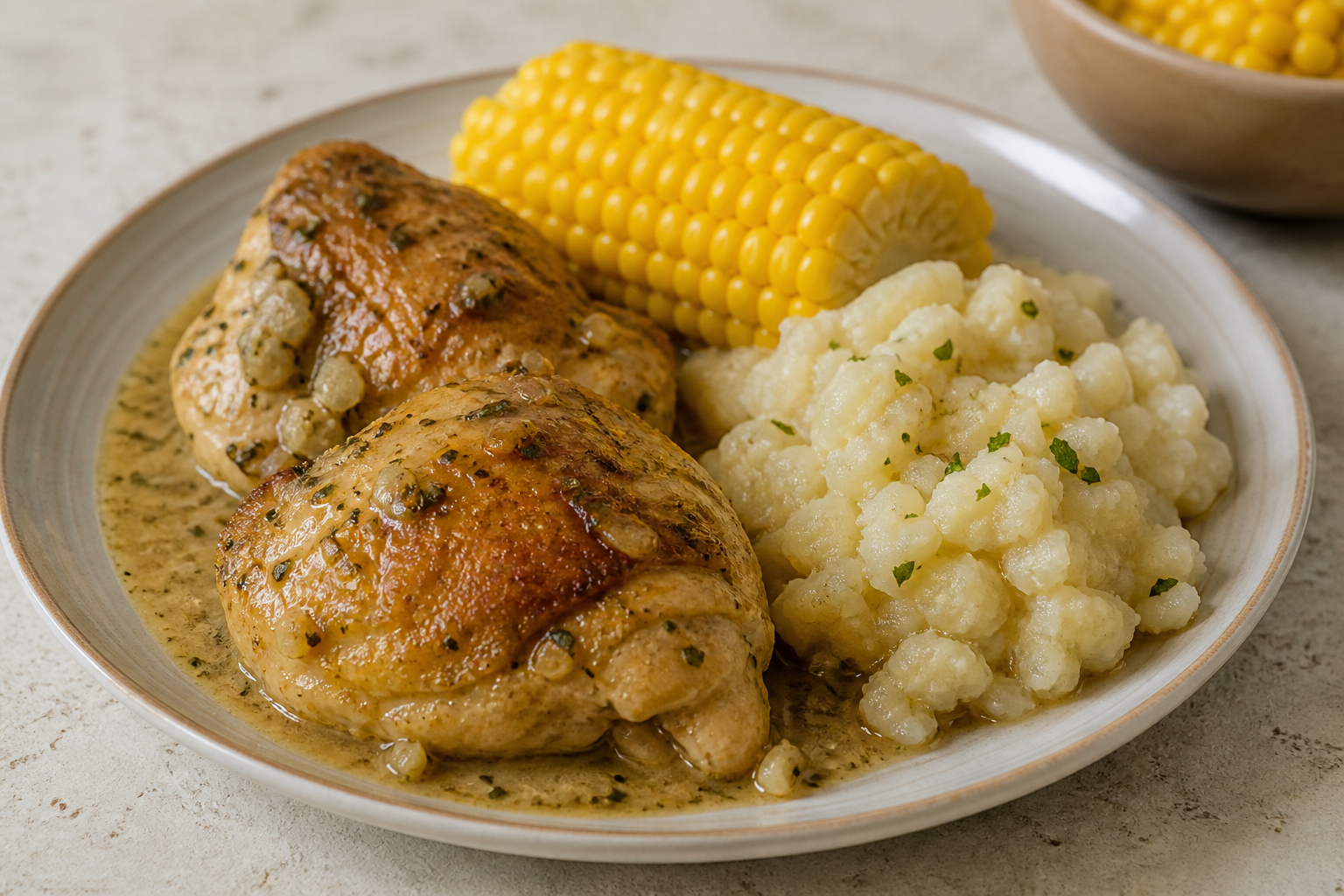 Pollo Dominicano Guisado con Leche de Coco, Maíz Tierno y Puré Rústico de Ñame al Ajo