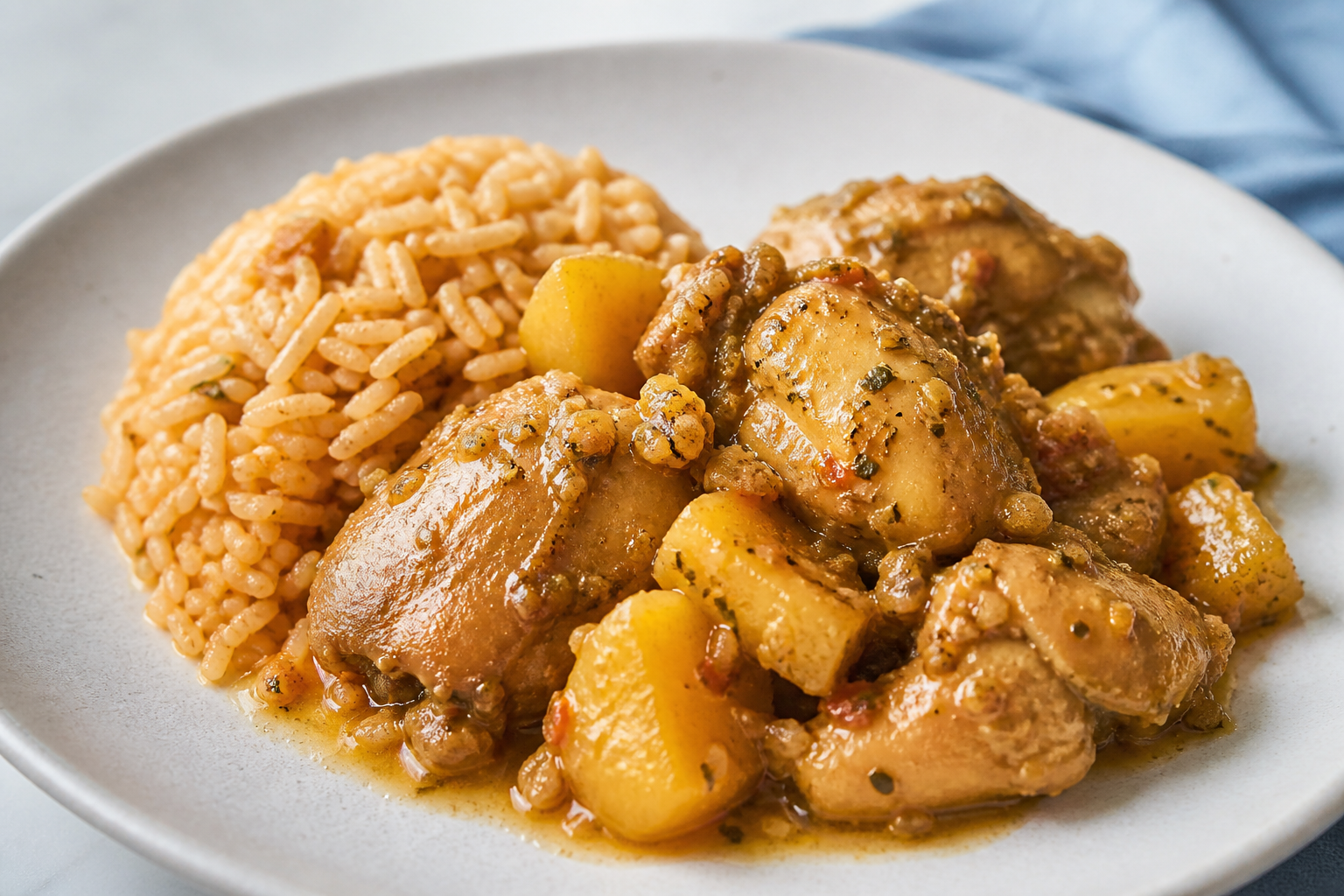 Pollo Dominicano al Caldero con Leche de Coco, Piña Dorada y Arroz de Jengibre Criollo