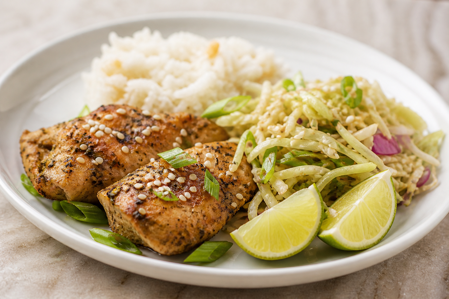 Dominican Skillet Chicken with Sesame, Lime and Cabbage, served with Light Coconut Rice