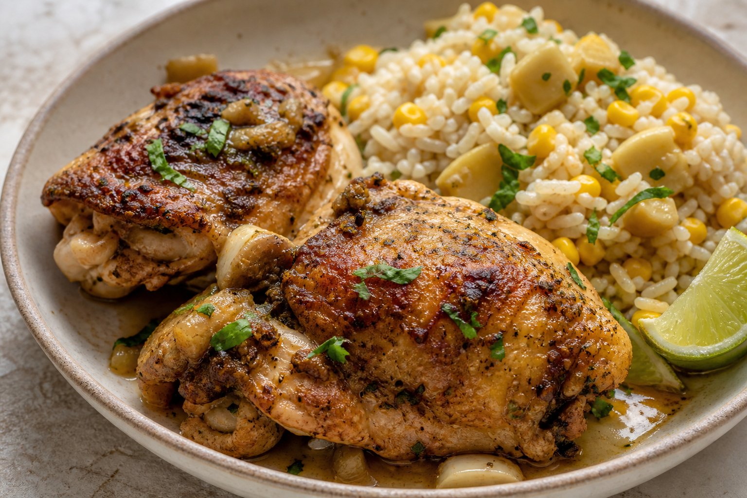Dominican Toasted Coconut Caldero Chicken with Green Banana and Corn Rice