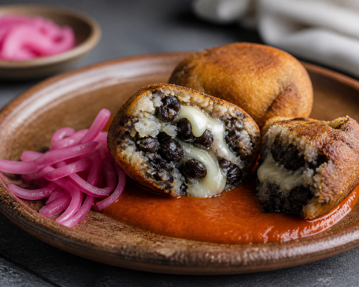 Salvadoran yuca and black bean stuffed fritters with quesillo, roasted tomato sauce, and pickled red onion
