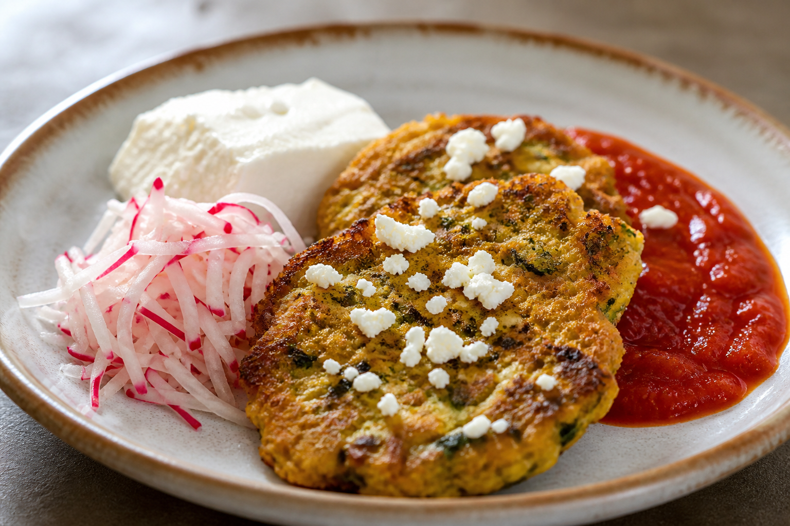 Tortitas salvadoreñas de yuca y loroco con requesón, salsa de tomate asado y curtido fresco de rábano