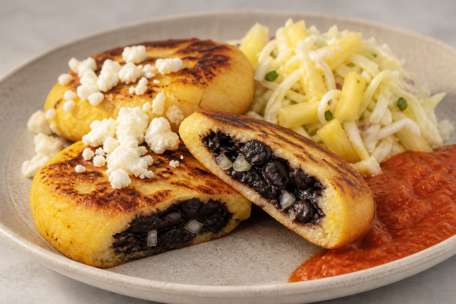 Salvadoran yuca and black bean stuffed cakes with hard cheese, pineapple slaw, and roasted tomato sauce
