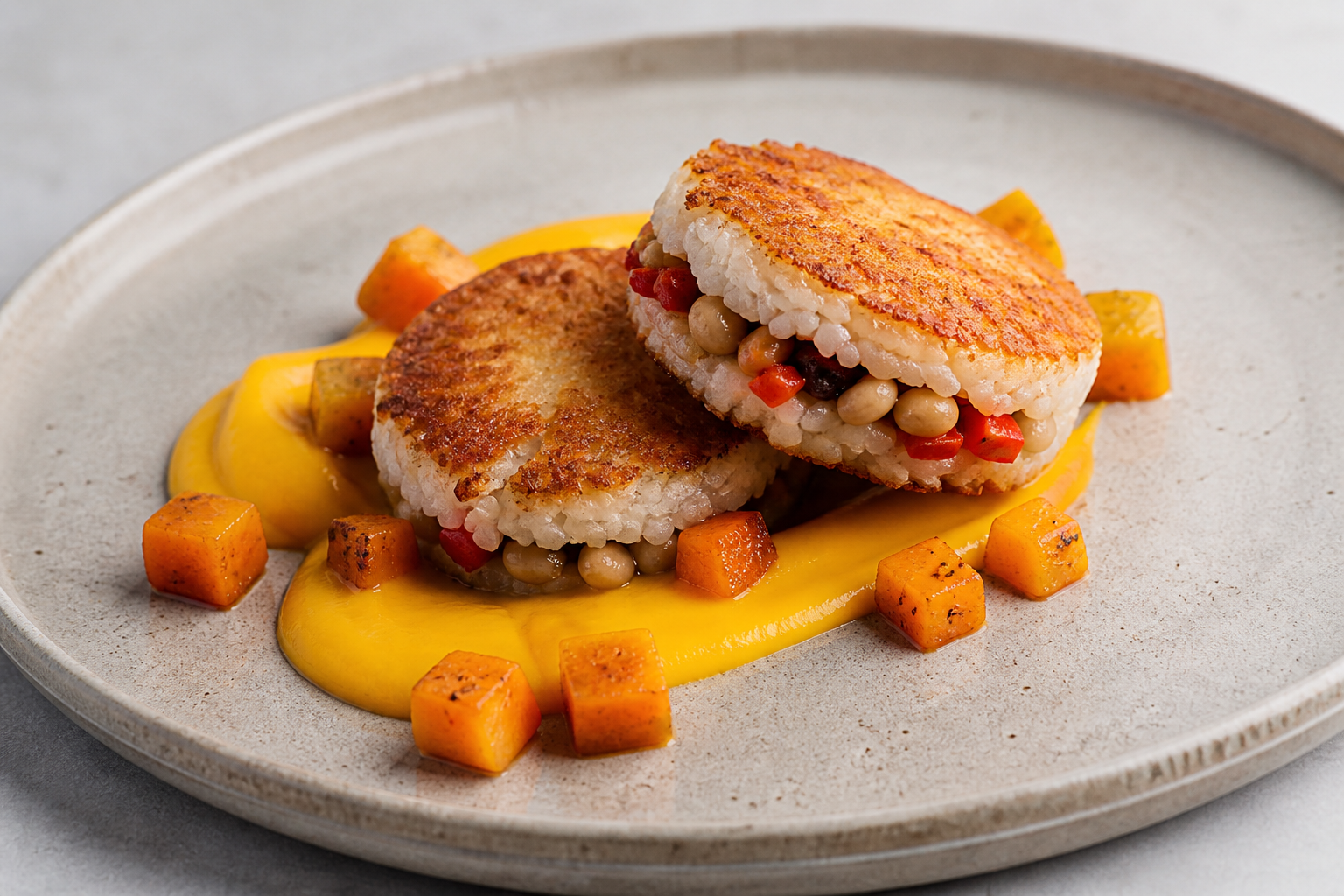 Mini rice patties with white bean and sweet pepper filling, served with roasted squash cream