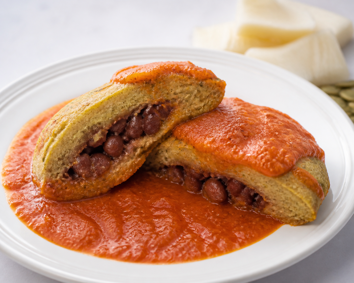 Salvadoran yuca and alguashte cakes stuffed with red beans and warm roasted tomato sauce