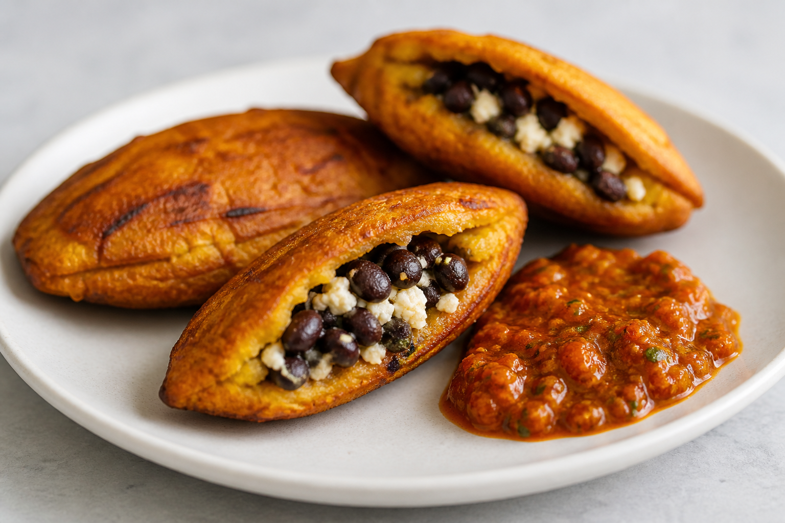 Rellenitos salvadoreños de plátano maduro y frijol negro con queso fresco y salsa de tomate asado al cilantro