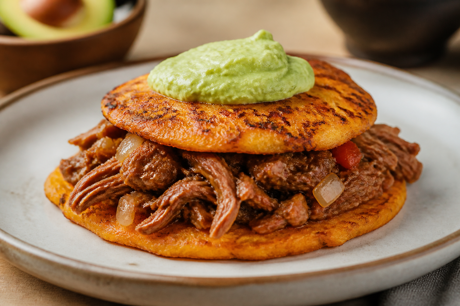 Cachapas Mini de Choclo y Batata con Pernil Mechado al Papelón Suave y Crema de Aguacate