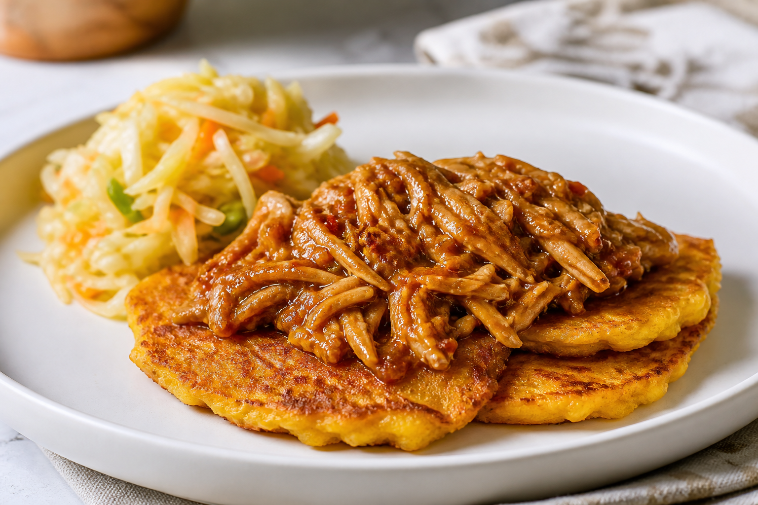 Pumpkin Cachapa Pancakes with Papelón Chicken and Warm Cabbage Slaw