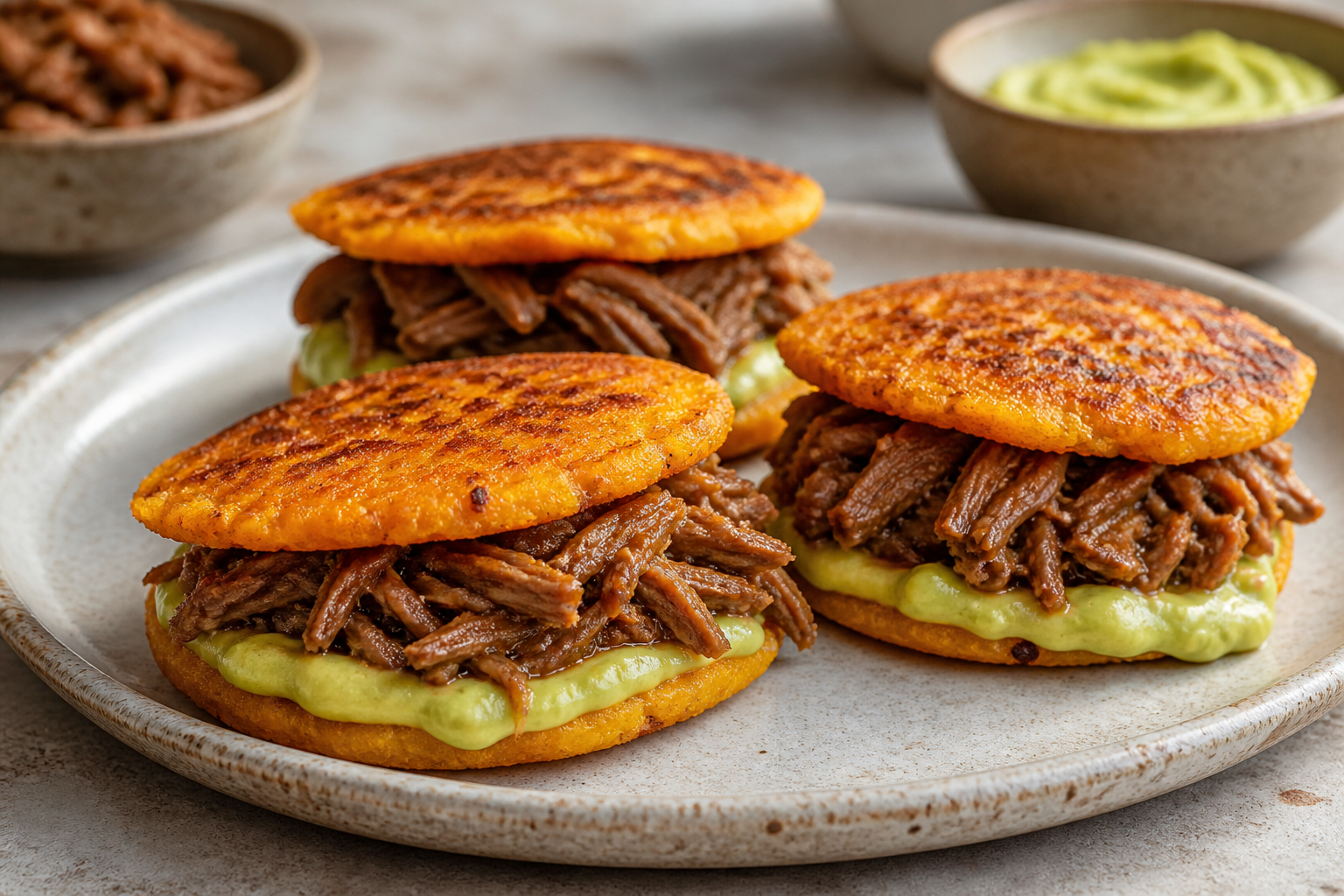 Cachapas Mini de Batata y Maíz con Carne Mechada al Papelón Suave y Crema de Aguacate