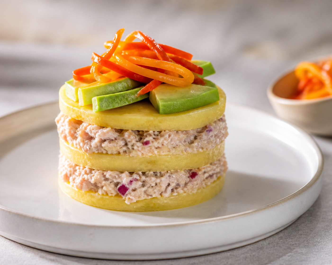 Golden Yuca Mille-Feuille with Tuna Reina Filling, Avocado and Sweet Pepper Pickle