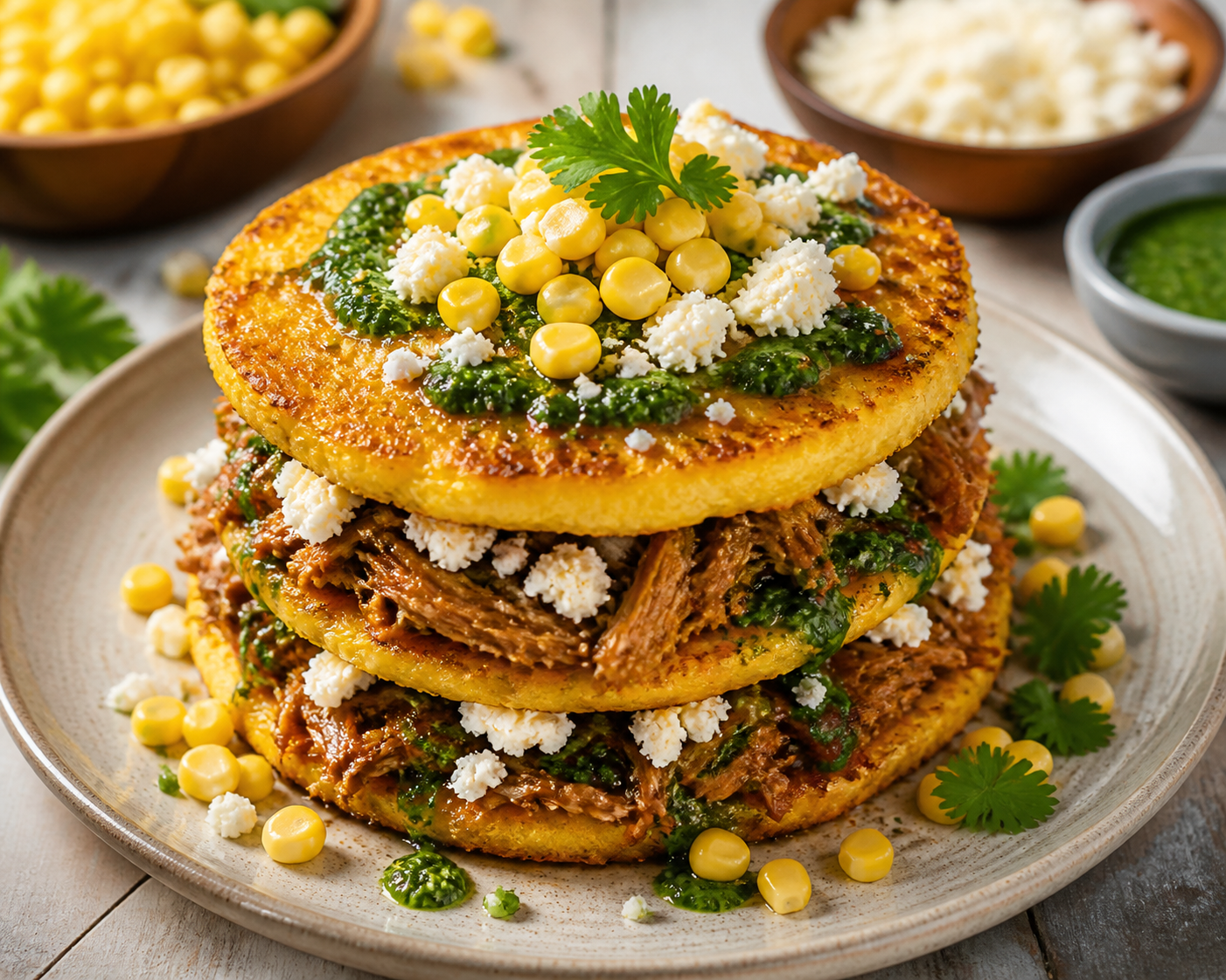 Crispy Cachapa Layer Cake with Rum-Braised Pork, Hand Cheese and Cilantro Mojo