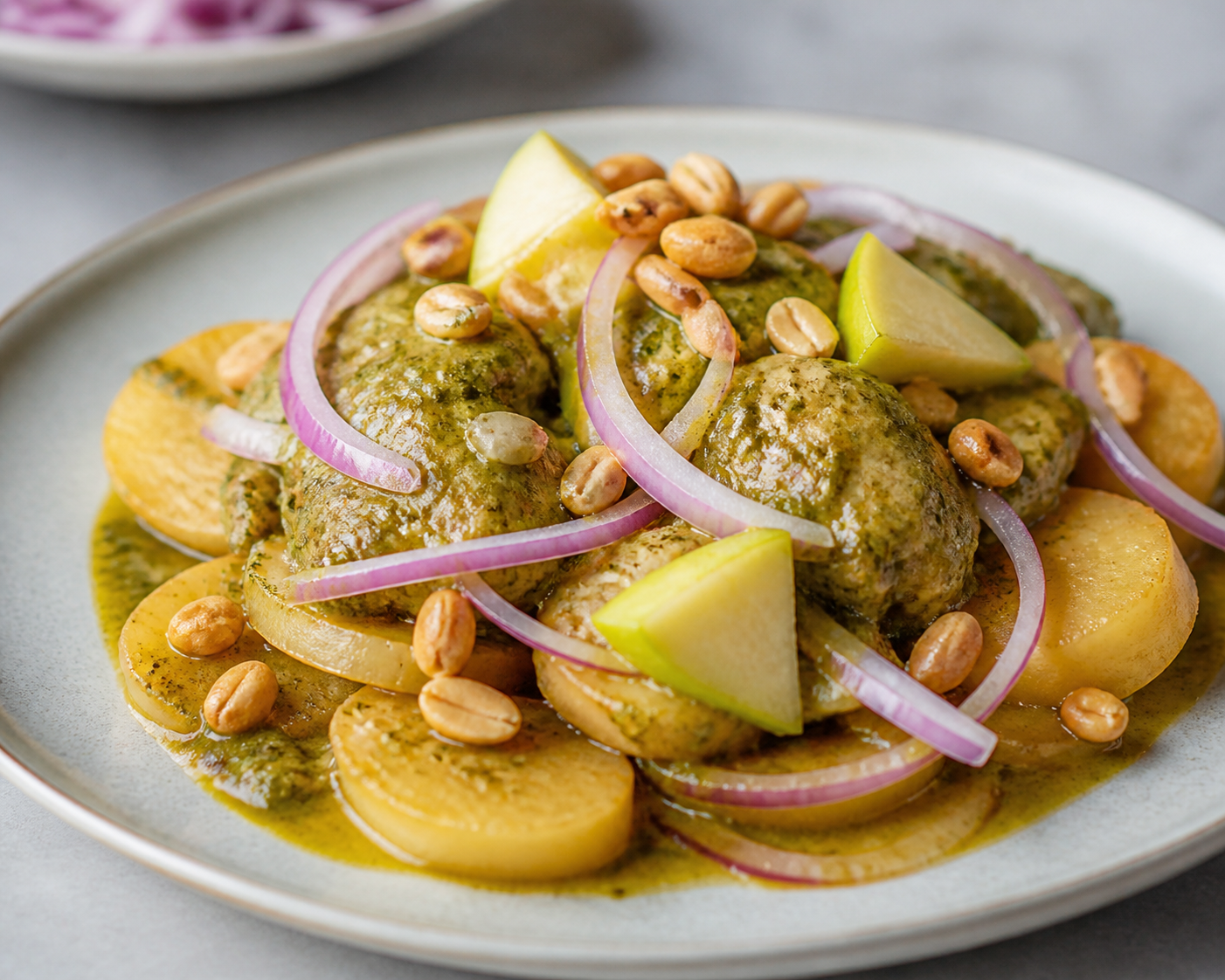 Carapulcra Verde de Pollo con Papa Seca, Manzana y Maní Tostado