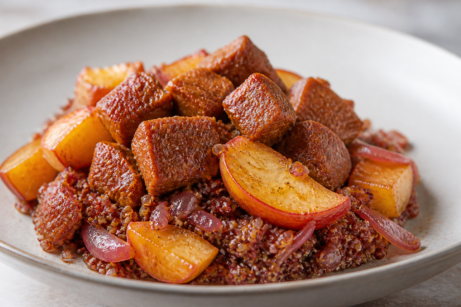 Red Quinoa Carapulcra with Aji Panca Pork and Roasted Apple