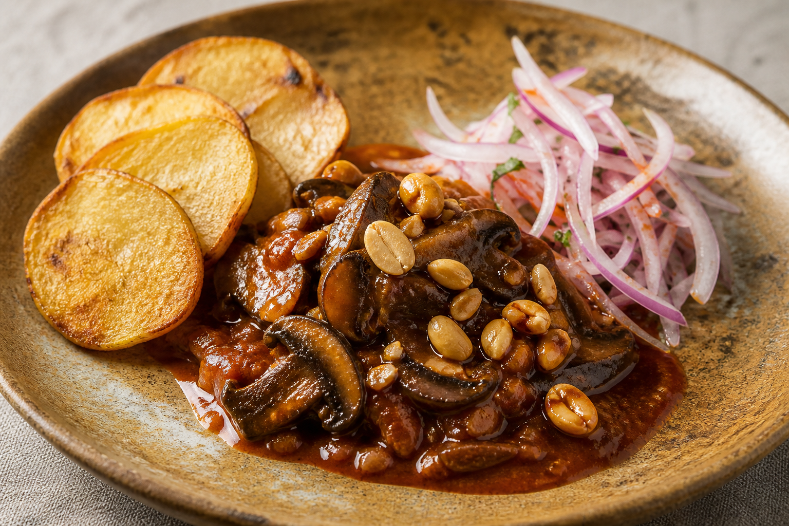 Carapulcra Ligera de Hongos al Ají Panca con Papa Seca, Maní Tostado y Cebolla Criolla