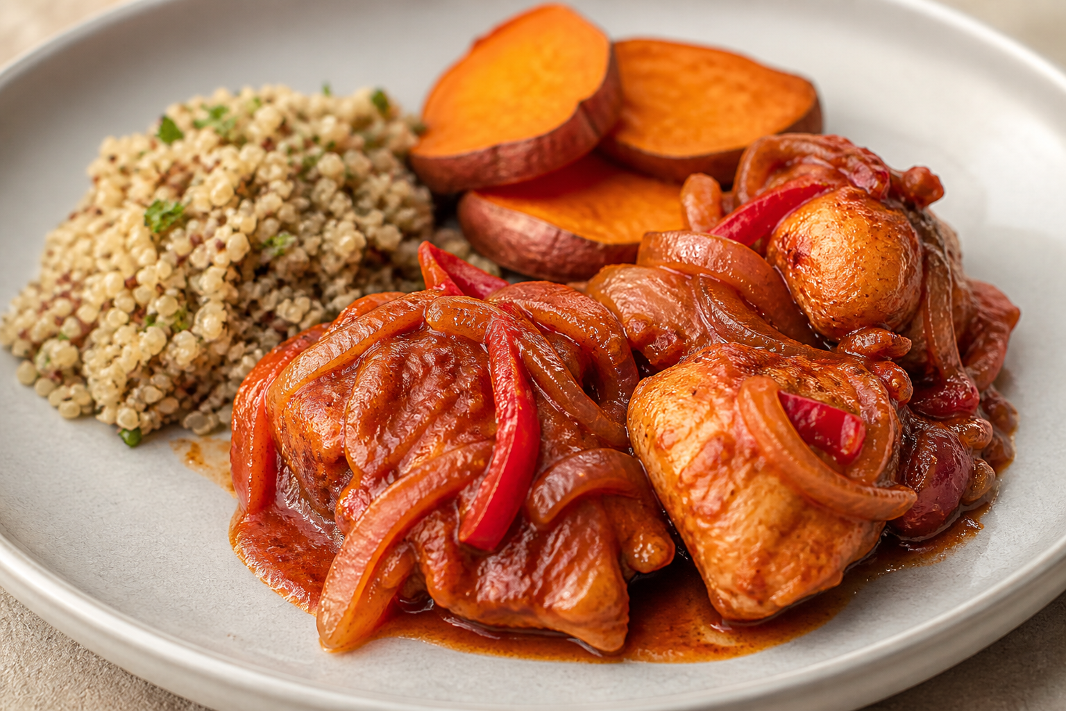 Warm Peruvian Chicken Escabeche with Ají Panca, Roasted Sweet Potato, and Herbed Quinoa