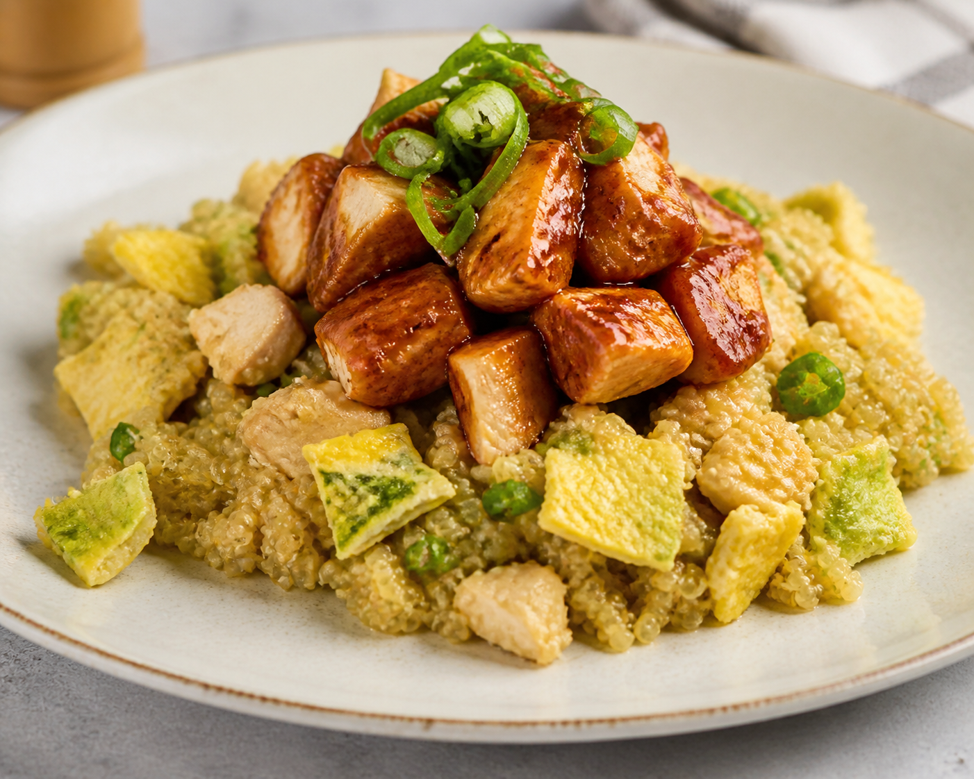 Chaufa Cremoso de Quinua con Pollo al Tamarindo, Ají Panca y Tortilla de Cebollín