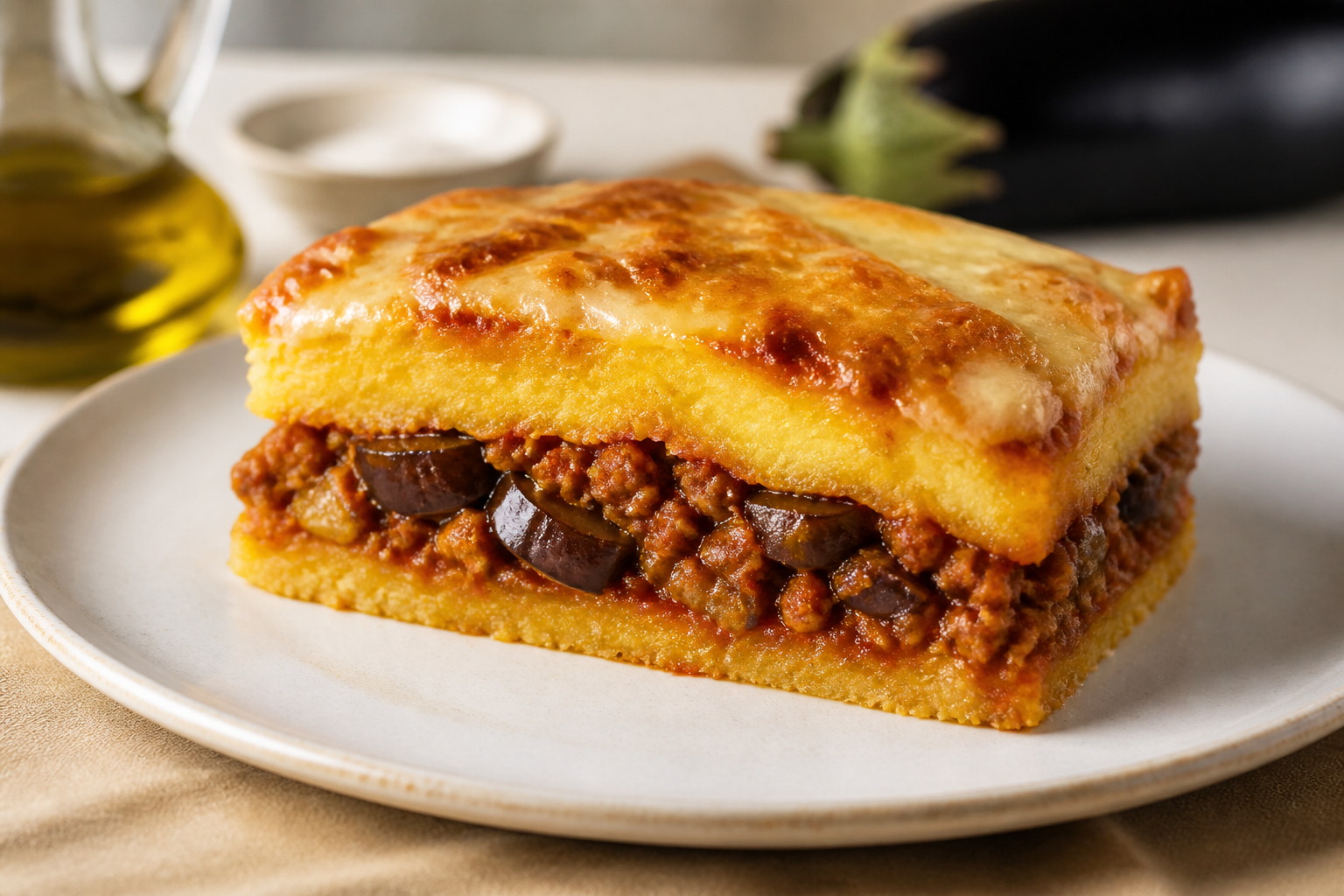 Pastelito Criollo de Polenta Dorada con Ragú de Carne, Berenjena Asada y Queso Criollo